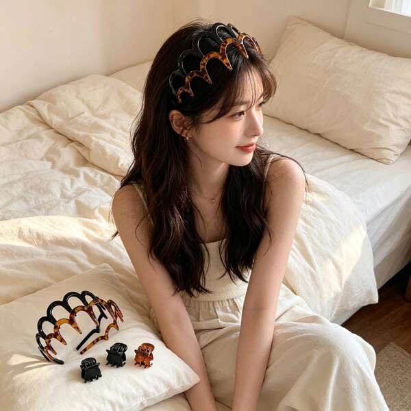 11/32pcs Set Serrated Headband And Mini Hair Claw Clip Set, Women's Jagged Headband, Shiny Black And Amber Tortoiseshell Non-Slip Hair Tie, Minimalist Shark Tooth Hair Tie, Suitable For Makeup And Styling