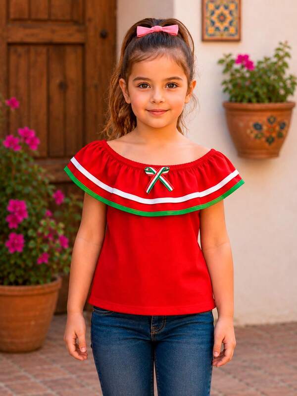 Blusa Campesina Infantil con Borde Tricolor & Moño - Estilo Tradicional Fiestas Patrias