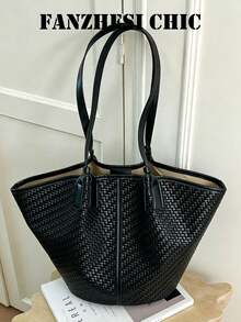 Stretched Fan-Shaped Tote Bag, Fully Covered In Woven Embossed Texture, Delicate And Layered Texture, Vertical Dividing Decorative Strips Outline Three-Dimensional Contour, Neat Edge Treatment Of Bag Opening. Extended Shoulder Strap Suitable For Shoulder Carrying, Open Design For Convenient Access, Ample Interior Storage Space, Minimalist And Elegant Style Suitable For Commuting, Daily Outings And Various Scenarios. - Black - View 1