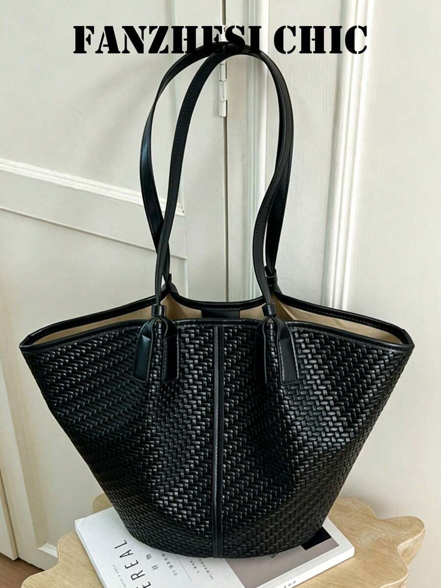 Stretched Fan-Shaped Tote Bag, Fully Covered In Woven Embossed Texture, Delicate And Layered Texture, Vertical Dividing Decorative Strips Outline Three-Dimensional Contour, Neat Edge Treatment Of Bag Opening. Extended Shoulder Strap Suitable For Shoulder Carrying, Open Design For Convenient Access, Ample Interior Storage Space, Minimalist And Elegant Style Suitable For Commuting, Daily Outings And Various Scenarios. - Black - View 1