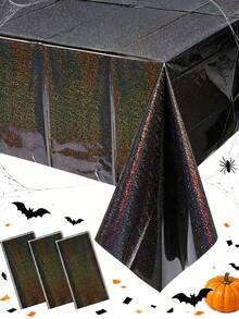 1Pc/ 3Pcs Iridescent Black Plastic Tablecloths, Shiny Disposable Laser Rectangle Table Covers, Holographic Foil Tablecloth For Halloween Birthday Space Graduation Black Themed Party, 54x108Inch - View 2