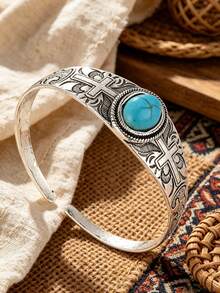 Yanxyad 1/4Pcs Western Boho Turquoise Open Cuff Bangle Set, Antique Silver Carved Cross Adjustable Bracelets For Women - Turquoise - View 7