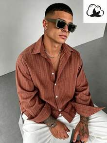 WAIT HIM Men's Striped Single-Breasted Casual Long Sleeve Shirt - Redwood - View 3