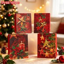 34/68/102pcs Vintage Red Christmas Star Gift Paper Bags With Handles, Poinsettia Candle Xmas Holiday Gift Wrapping Bags, Includes Christmas Stickers - Multicolor - View 1