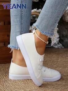 Sepatu Sneakers Wanita Terbaru Musim Semi/Gugur, Nyaman, Ringan, Serbaguna, Bertali, Ujung Bulat, Bahan Kain Putih - Putih - View 5