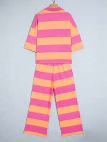 Acelitt Women's Rose Red & Orange Wide Stripe Half-Zip 3/4 Sleeve Top And Wide Leg Pants Loungewear Set - Multicolor - View 4