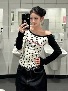 American Style Hot Girl Polka Dot Contrast Color Cold Shoulder Long Sleeve T-Shirt Women's Autumn Slim Fit Cold Shoulder Base Layer Top Black - Black - View 1