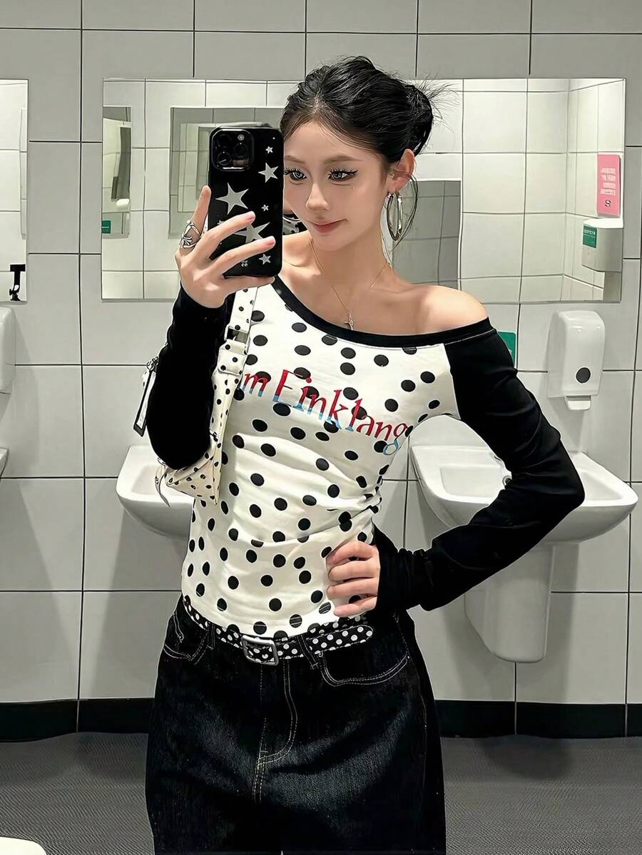 American Style Hot Girl Polka Dot Contrast Color Cold Shoulder Long Sleeve T-Shirt Women's Autumn Slim Fit Cold Shoulder Base Layer Top Black - Black - View 1