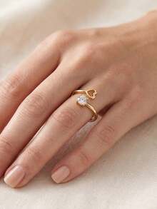 1pc Elegant Heart-Shaped Single Diamond Gold Ring, Four-Prong Zirconia Inlay, Adjustable Open Band, Suitable For Women's Engagement Or Daily Wear - Gold - View 3