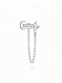 1pc Tassel 925 Sterling Silver Ear Studs For Women, Classic Cartilage Earring Suitable For Helix/Conch/Ear Cartilage, Flat Back Design, Exquisite Jewelry For Daily Wear And Party - Silver - View 6