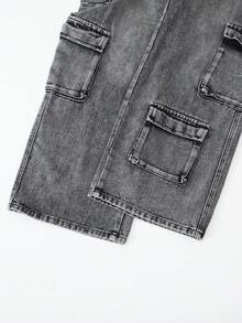 Teen Girls Dark Gray Multi-Pocket Cargo Denim Loose Straight Wide Leg Pants, All-Season Fashion Style - Black - View 9