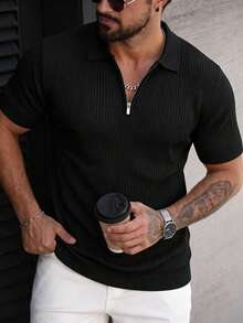 Men's Summer Fashion Classic Ribbed Zipper Polo Collar Short Sleeve Knit Sweater, Essential Summer Wardrobe Knit Top - Black - View 7