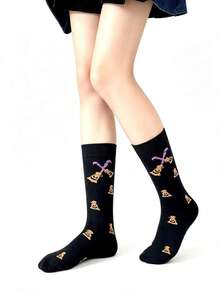 1/5 Pairs Women's Mid-Calf Socks, Halloween Ghost Pumpkin Bat Jacquard Mid-Calf Socks, Soft Knitted Casual Holiday Socks, Preppy Student Tube Socks - Multicolor - View 4