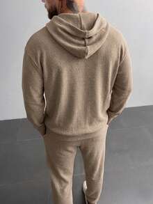 Soft Textured Hoodie & Jogger Pants Set, Kangaroo Pocket Hooded Sweatshirt + Cuffed Sweatpants, Loose Casual 2 Pieces Outfit For Home And Outings - Khaki - View 5