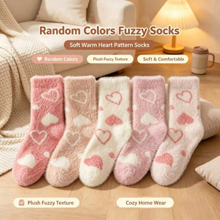 1 Pair Women's Plush Socks, Random Color, Heart Pattern Long Fuzzy Mid-Calf Socks, Soft & Comfortable Design, Warm Casual Socks, Suitable For Home, Leisure And Daily Wear - Plush Socks - View 1