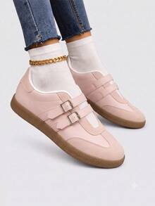 Giày sneaker đế bệt TCVC phối màu khối hai quai, giày Mary Jane tập luyện kiểu Đức retro, giày đi bộ thường ngày nữ - Hồng - Xem 4