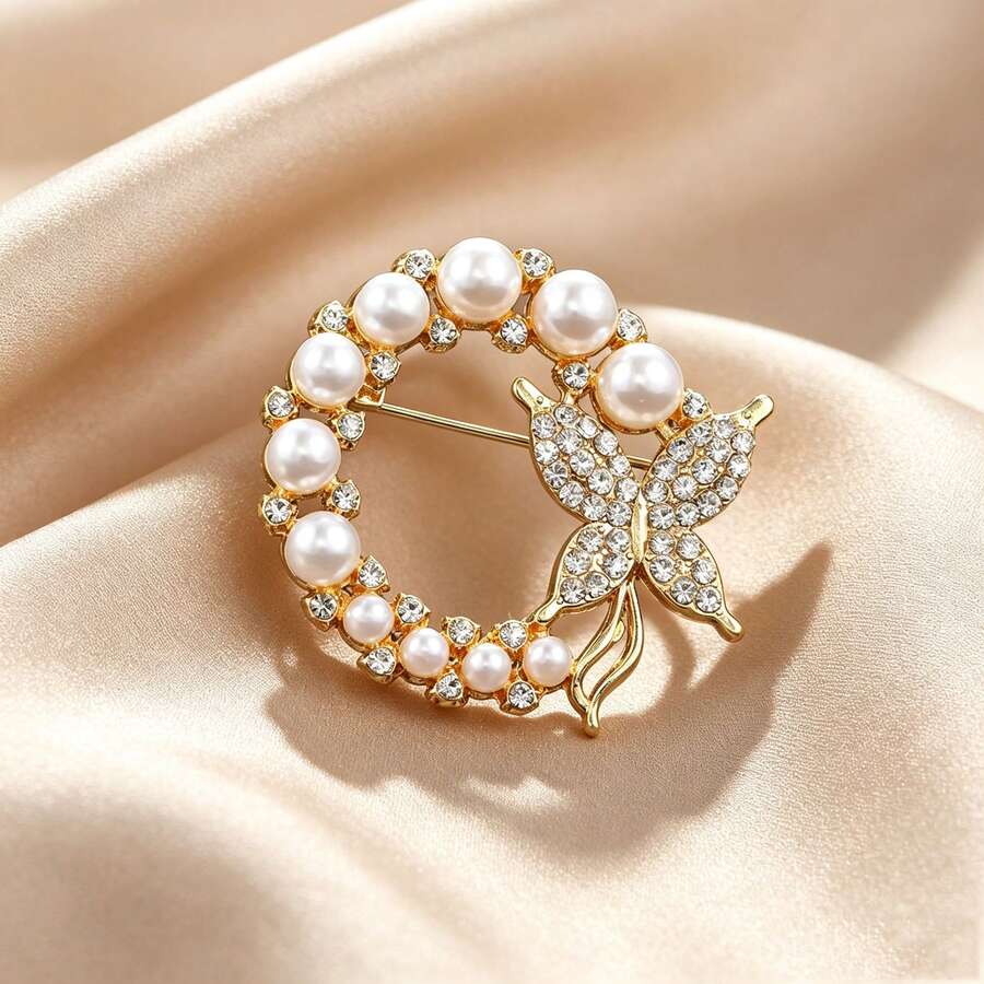Elegant Personalized Floral Wreath Butterfly Brooch, Artistic Elegant Fashionable High-End Light Luxury Fixed Clothing Brooch Accessory - Gold - View 1