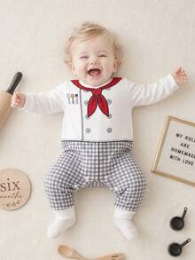 Chef Print Baby Boy Long Sleeve Jumpsuit, Red Bow Tie & Utensils Pattern, Plaid Pants, Newborn Photo Crawl Suit - White - View 1