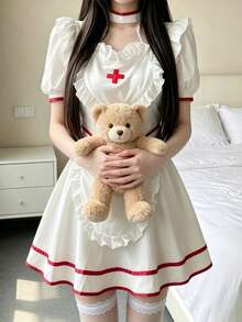 1PC Pure Cute Sweetheart Nurse Maid Uniform Lolita Cosplay Costume, Suitable For Cosplay Role Play, Holiday Party Performance, Valentine's Day, Date, Daily Wear - White - View 4