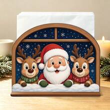 2styles Christmas Wooden Napkin Holder, Santa Claus & Winter House Pattern Desktop Tissue Storage Rack, Xmas Dining Table Centerpiece, Festive Home Party Decor, Christmas Gift - One Size - View 3