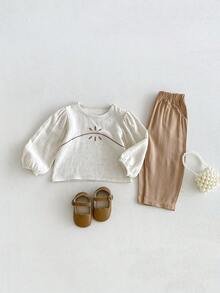 Miniweenns 2pcs/Set Baby Girl Casual Lazy Vintage Style Linen Embroidered Long Sleeve Top + Pants - Multicolor - View 8