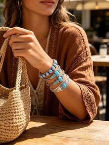 Yanxyad 1/4Pcs Western Boho Turquoise Open Cuff Bangle Set, Antique Silver Carved Cross Adjustable Bracelets For Women - Turquoise - View 3