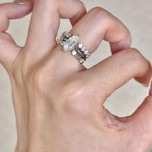 3PCS Exquisite Marquise Zirconia Multi-Layer Stackable White Gold Plated Rings, Luxury Women's Adjustable Engagement Ring Set - Silver - View 7