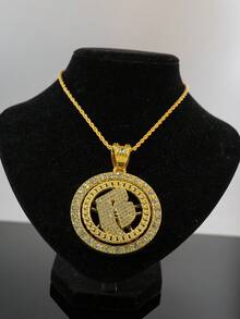 Rotatable B Letter Rhinestone Round Pendant Cuban Chain Set, Silver Heavy-Duty Rhinestone Necklace And Bracelet, American Hip-Hop Cool Accessories For Men - Rotatable Letter B - View 14