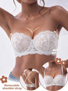 1pc Strapless Push-Up Lace Thickened Convertible Multi-Way Underwire Bra, Can Increase 1 Cup Size, Multiple Wearing Styles - Apricot - View 3