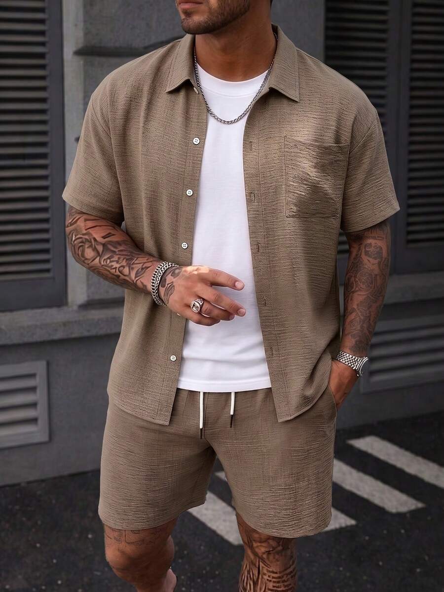 Men's Casual Suit Set, Coffee Color Pocket Shirt And Shorts, Vacation Style, Resort Wear - Brown - View 1