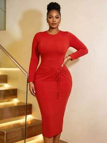 NOU Women's Mid-Length Basic Round Neck Fitted Long Sleeve Dress With Double Layer Cuffs, Ruched Drawstring Detail At Hips, Slim Waist And Bodycon Pencil Skirt Silhouette To Highlight S-Curve Figure - Red - View 3