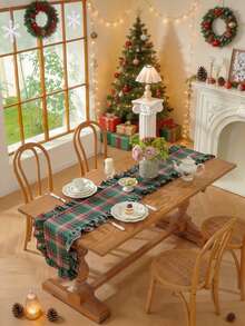 1/20pcs French Country Christmas Plaid Ruffle Table Runner, Suitable For Holiday Banquet, Restaurant Decor, Party Gathering, Home Dining Table, Window Display Decoration, Sideboard Shoe Cabinet Dust Cover - Green - View 4