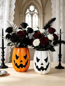 1pc Halloween Gothic Pumpkin Decorative Vase, Scary Face Design Flower Stand, Multi-Functional Desktop Container, Suitable For Vanity And Desktop Decor - Pumpkin - View 6