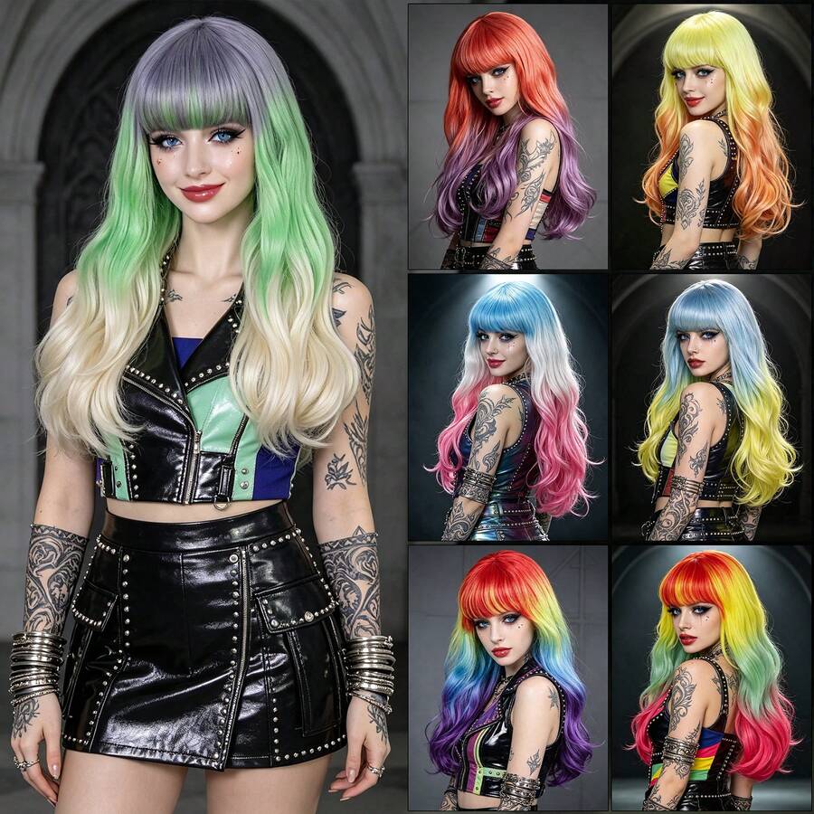 Medium Long Wavy Curly Rainbow Synthetic Hair With Bangs - Natural Looking, Beginner Friendly, Daily Fashion Halloween Cosplay Colorful Holiday Party Costume Wig For Women - Multicolor - View 1