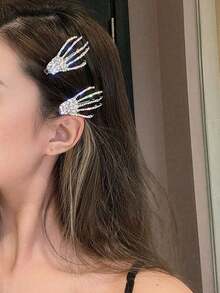 2件組歐美復古萬聖節骷髏幽靈手金屬髮夾 時尚水鑽鑲嵌萬聖節髮飾 - A - 查看 2