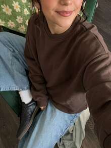 女款寬鬆棕色純色圓領運動衫，Y2K街頭風基礎針織，休閒長袖套頭衫，適合秋季/返校季 - 棕色 - 查看 6