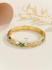 1pc Fashion New Style Gold Plated Exquisite Rhinestone Flower Pattern Enamel Cloisonne Bracelet Bangle Jewelry Gift For Girls Women - Green - View 5