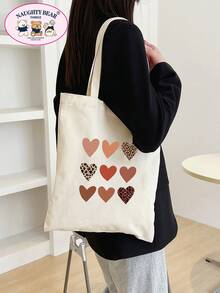 Heart Print Pattern Casual Canvas Bag - Beige - View 2