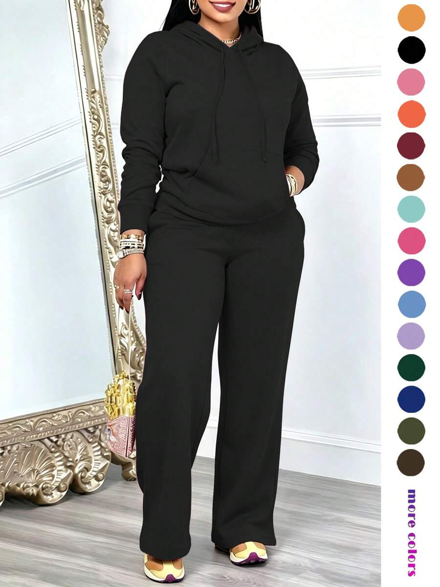 Women's Casual 2 Pieces Set Solid Color Elegant Long Sleeve Hooded Drawstring Pocket Sweatshirt & Straight Leg Pants Set, Lightweight And Soft, Suitable For Spring, Summer And Autumn