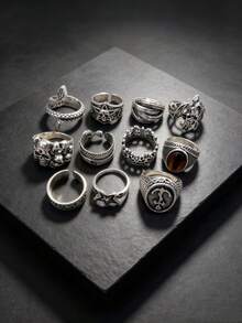 11pcs/Set Unisex Vintage Punk Gothic Skull Geometric Bat Crown Ring Set, Personalized Hip-Hop Style Party Gift Daily Jewelry Accessories - 11-piece Vintage Punk Ring Set - View 2