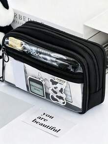 Large Capacity Pencil Case - Transparent Multi-Layer Design, Portable Desktop Storage, Soft Fabric, Multiple Compartments, Suitable For Office Use, Durable Zipper. Accessories Not Included. Back To School Essential, Stationery, Pencil Pouch, Backpack - W - View 1