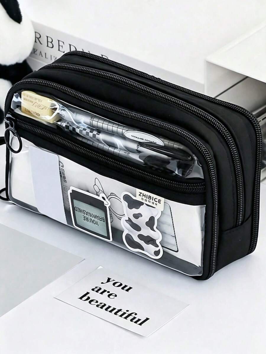 Large Capacity Pencil Case - Transparent Multi-Layer Design, Portable Desktop Storage, Soft Fabric, Multiple Compartments, Suitable For Office Use, Durable Zipper. Accessories Not Included. Back To School Essential, Stationery, Pencil Pouch, Backpack - W - View 1