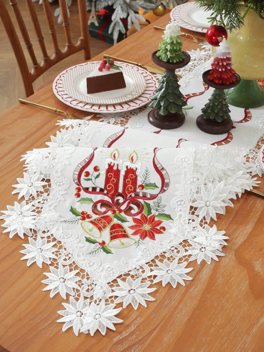 ABEST6522 Home&Living store Christmas Embroidered Lace Table Runner, Hollow Out Design, Candle Bell & Ribbon Pattern Table Flag, Festive Decor For Xmas Dinners & Family Parties