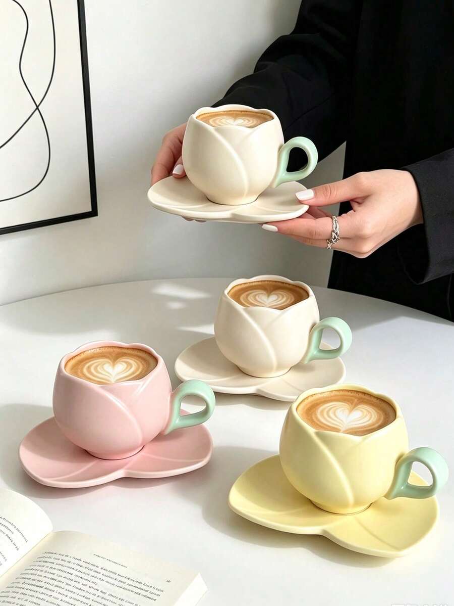 Ensemble de 1 ou 6 tasses à café et soucoupes en céramique artisanale, convient pour une utilisation au micro-ondes et au lave-vaisselle; idéal pour l'espresso et le café arabe. Tasses à café de style saoudien, parfaites pour le thé de l'après-midi, les cafés et la cuisine – le cadeau idéal - Multicolore - Voir 1