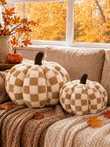 1pc Autumn Buffalo Plaid Pumpkin Shaped Plush Throw Pillow, Soft Teddy Fleece Filled Decorative Cushion, Farmhouse Style Fuzzy Sofa Pillow, Suitable For Living Room Bedroom, Halloween Thanksgiving Home Decor Room Arrangement - Light Brown - View 1