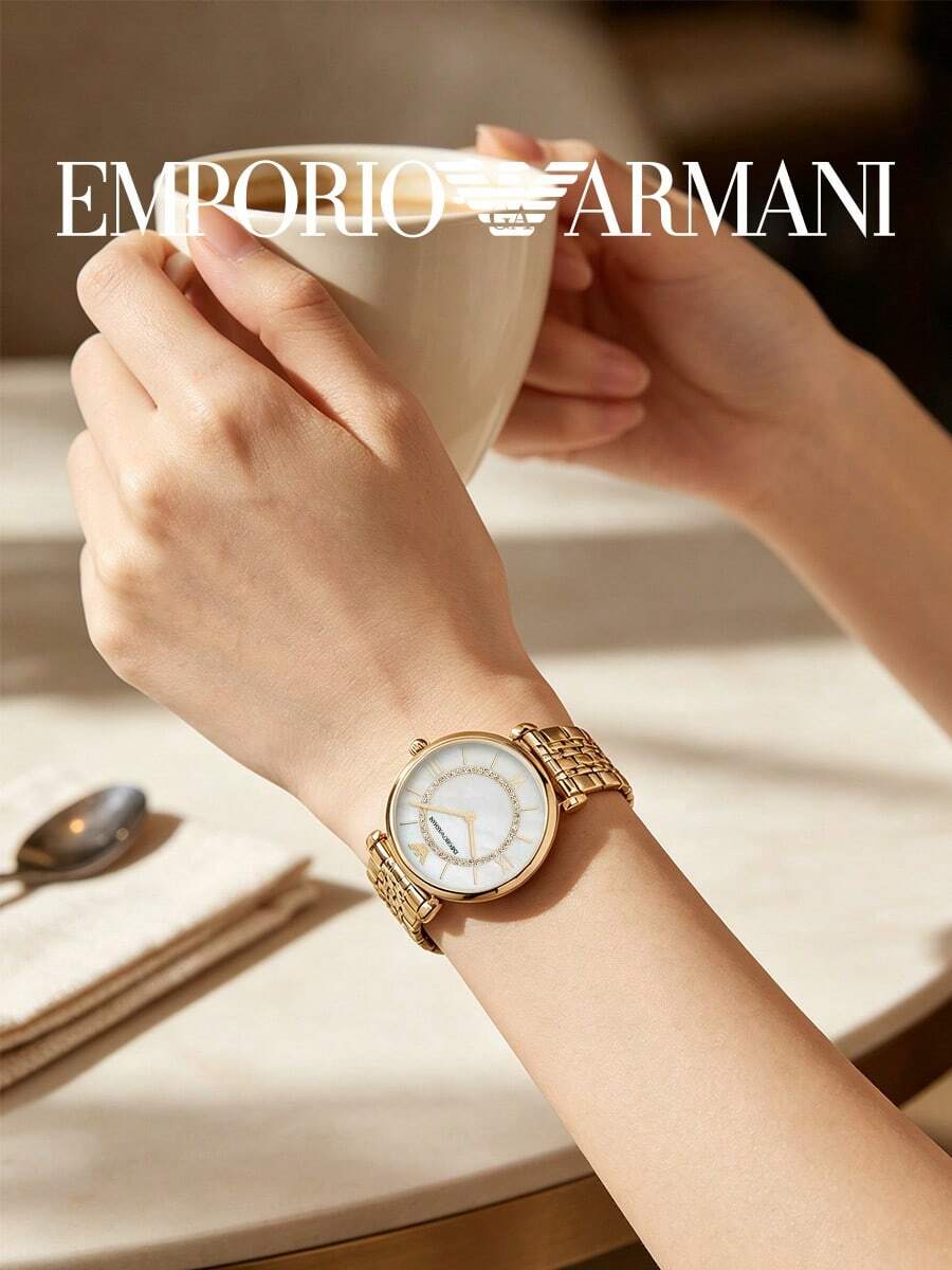 Armani AR1907 Women's Watch Gold Steel Band Mother Of Pearl Dial Rhinestone Ferris Wheel Quartz Wristwatch - White - View 1