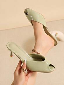 Peep Toe Stiletto Mule Sandals, Plus Size Wide Fit Minimalist Elegant High Heel Slippers For Outdoor Wear - Green - View 9