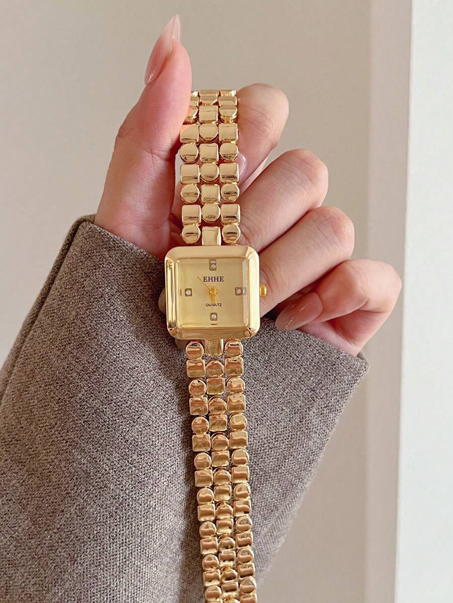 LIANDU 1 Women's Quartz Watch With Square Dial And Rhinestone Scale, Fashionable And Elegant For Daily Wear, Business Luxury Style, Perfect For Holiday Gifts - Gold - View 1