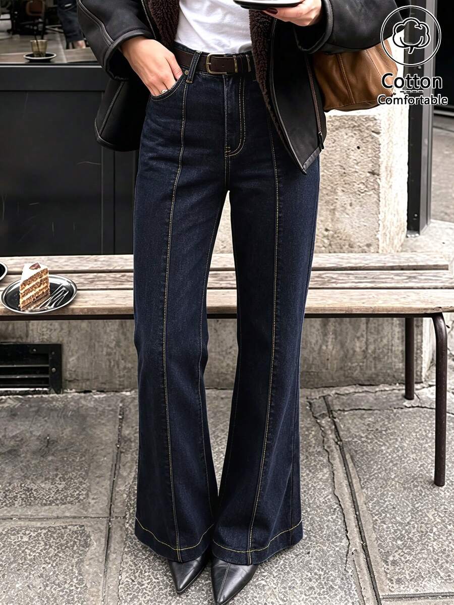 Women's European And American Style Slim Fit Flared Jeans, Long Leg-Lengthening Fashionable Daily Vintage Flare Denim Pants - Dark Wash - View 1