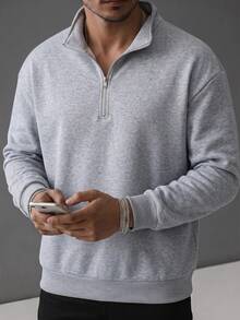 Men's Half-Zip Half-Button Stand Collar POLO Sweatshirt, Solid Color Basic Loose Drop Shoulder Pullover, Minimalist Casual Daily Wear For Autumn/Winter - Grey - View 10
